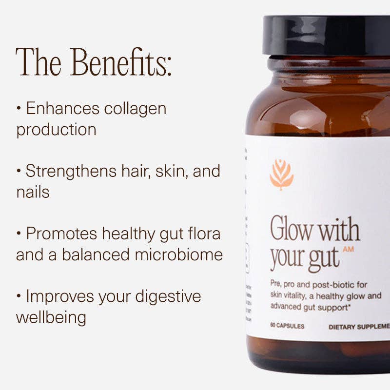 Glow with your gut enhances collagen production, strengthens hair and nails, promotes healthy gut flora and a balanced biome, and improves digestive health