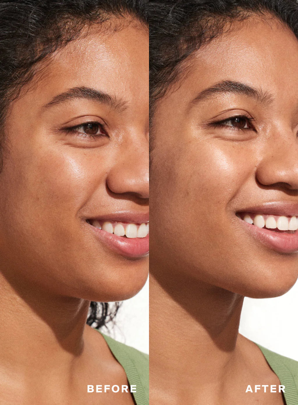 Before and after comparison of a woman's face with a green shirt.