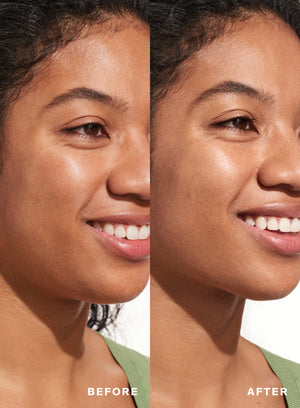 Before and after comparison of a woman's face with a green shirt.