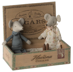 Two toy mice in a decorative cigar box with 'Havana Cigars' branding.