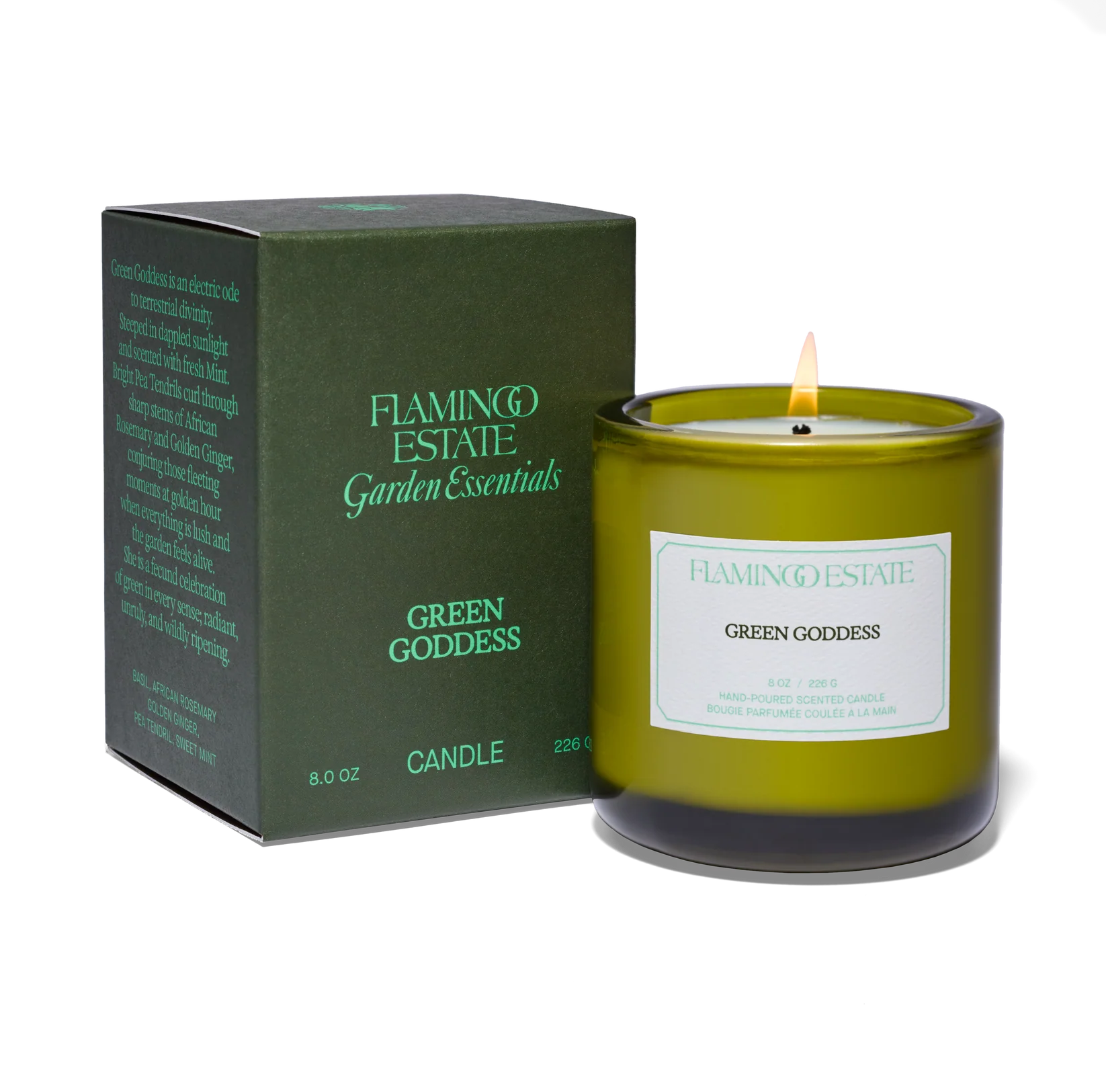 Green Goddess candle by Flamingo Estate with packaging on a white background
