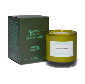 Green Goddess candle by Flamingo Estate with packaging on a white background