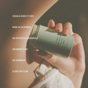 Corpus products are vegan and cruelty free, made in California, made with no synthetic fragrances, no baking soda, no aluminum, and glides on clear