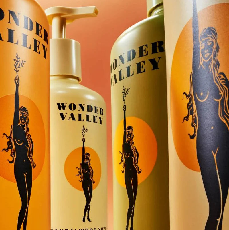 A bottle of the Sandalwood Yuzu hair conditioner, made by Wonder Valley in California
