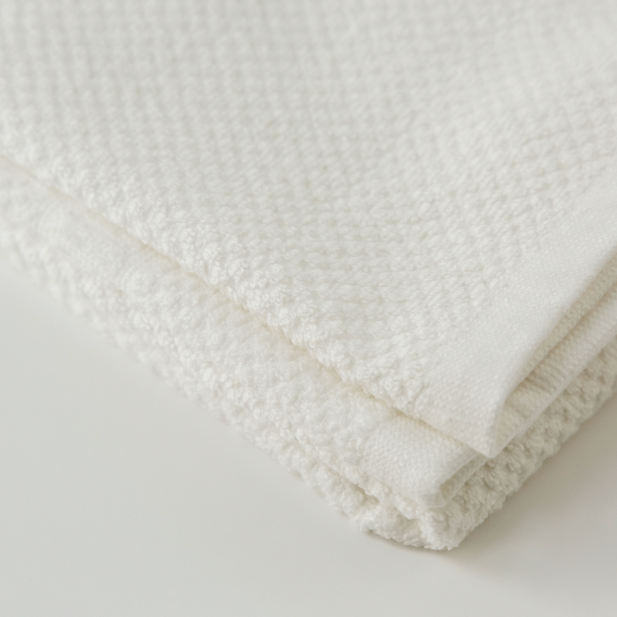 White textured towel on a light gray background
