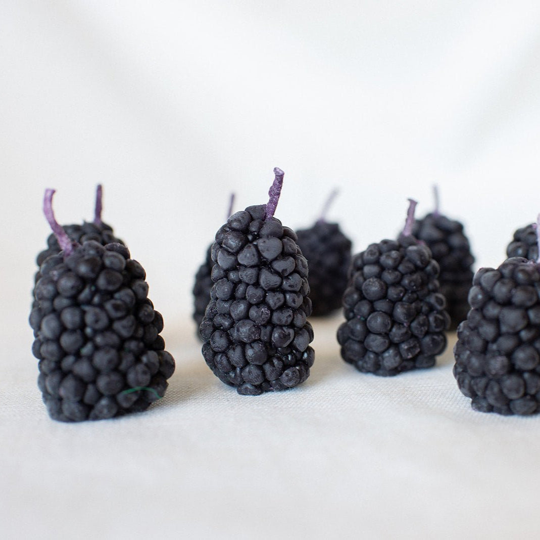A box of Happy Organics Blackberry Beeswax Birthday Candles in a brown paper box on a light colored background. 