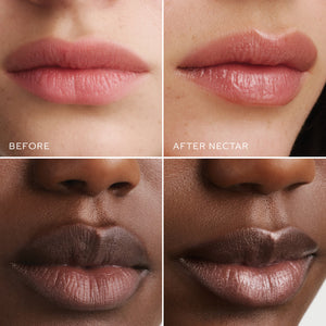 Before and after comparison of a lip product on different skin tones.