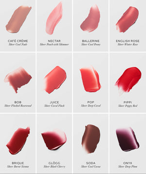 Collection of lipstick swatches with names on a light gray background