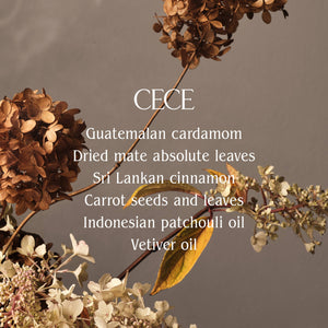 Dried flowers with text listing ingredients on a gray background