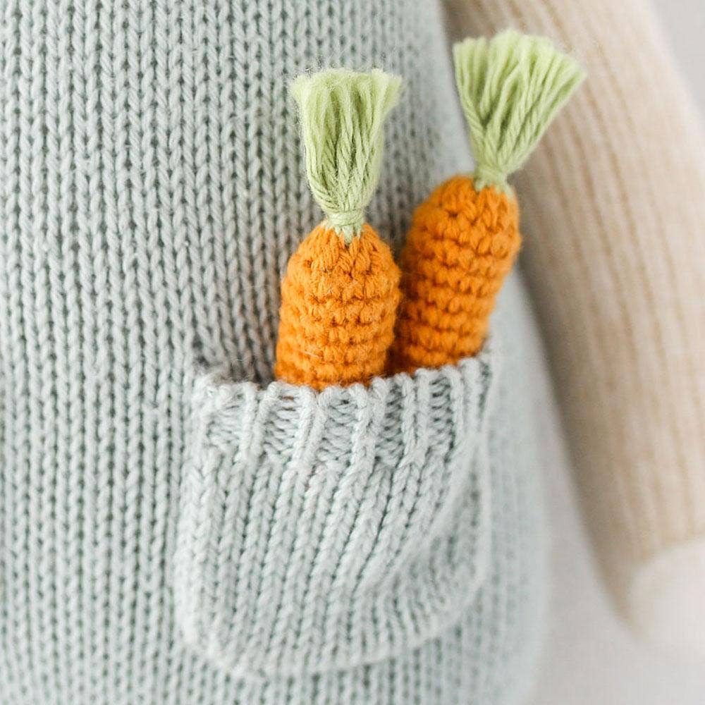 A detail of the knit carrots in Henry the bunny's pocket