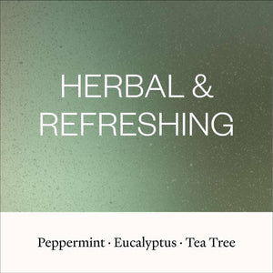 Text 'HERBAL & REFRESHING' on a green gradient background with additional text below.