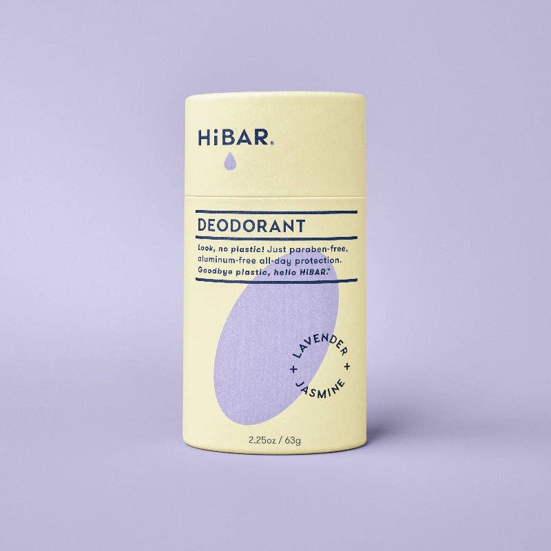 A tube of Hibar deodorant on a purple background. 