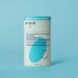 A stick of HiBAR Natural Deodorant with sensitive and baking soda-free text, alongside the brand's logo and the ingredients aloe and sea-moss.