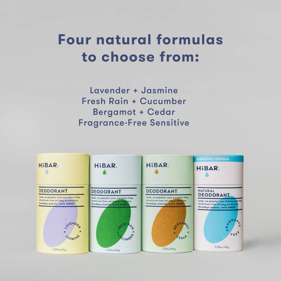 Four tubes of Hibar deodorant: Lavender and jasmine, fresh rain and cucumber, bergamot and cedar, and fragrance free sensitive. 