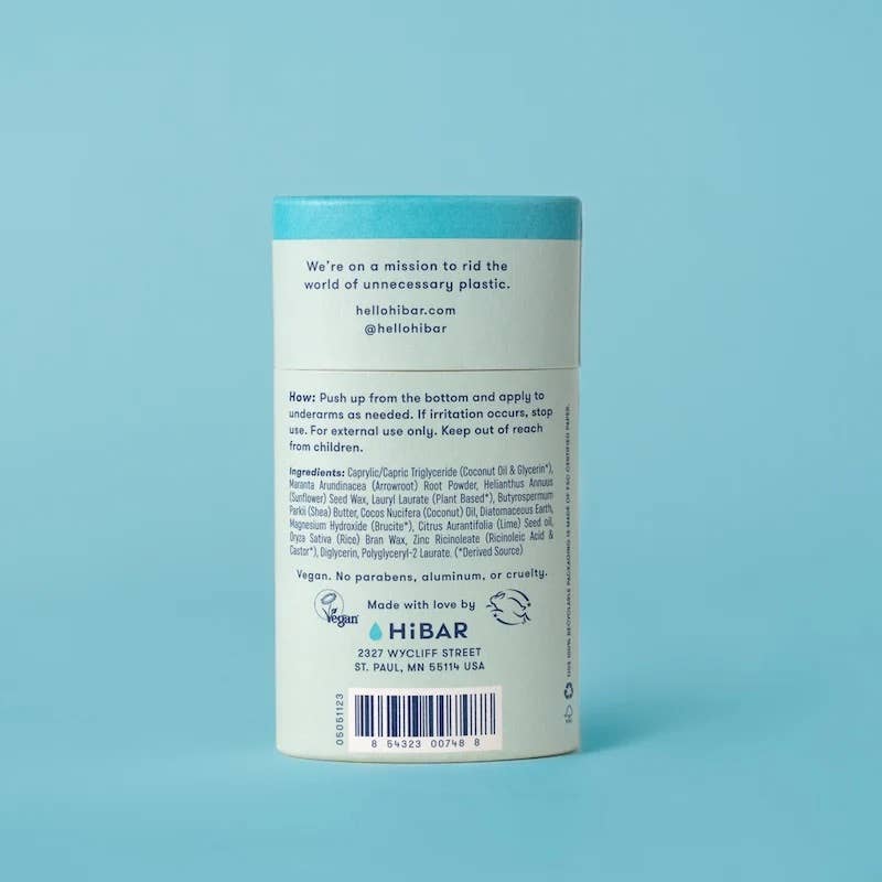 A stick of HiBAR Natural Deodorant with sensitive and baking soda-free text, alongside the brand's logo and the ingredients aloe and sea-moss.