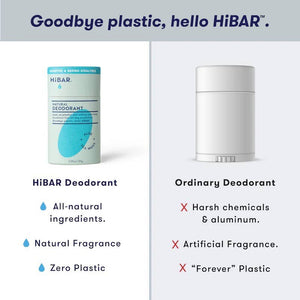 An infographic comparing hibar plastic-free deodorant to traditional deodorant. 
