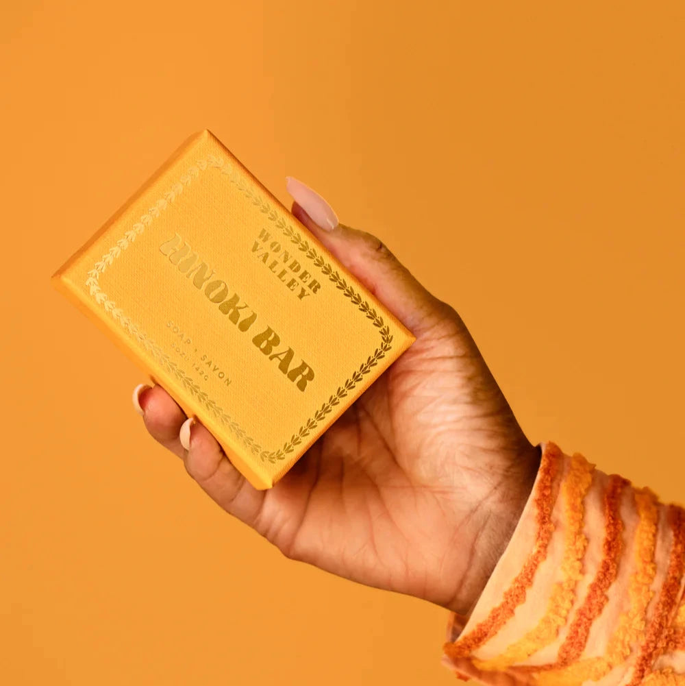 The hinoki bar soap, made by Wonder Valley in California