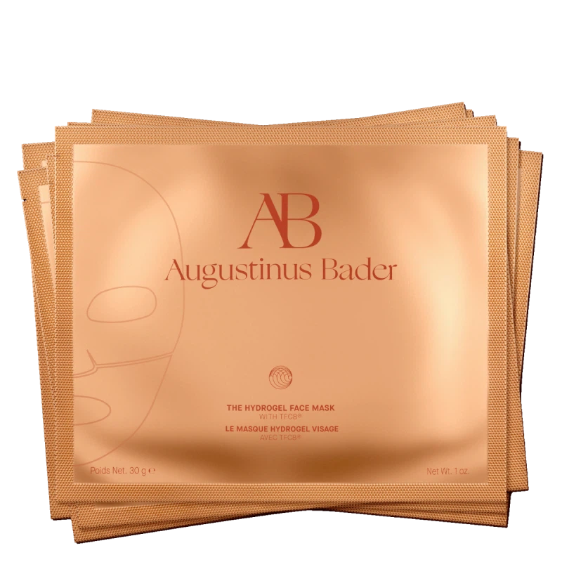 Augustinus Bader hydrogel face mask packaging on a black background