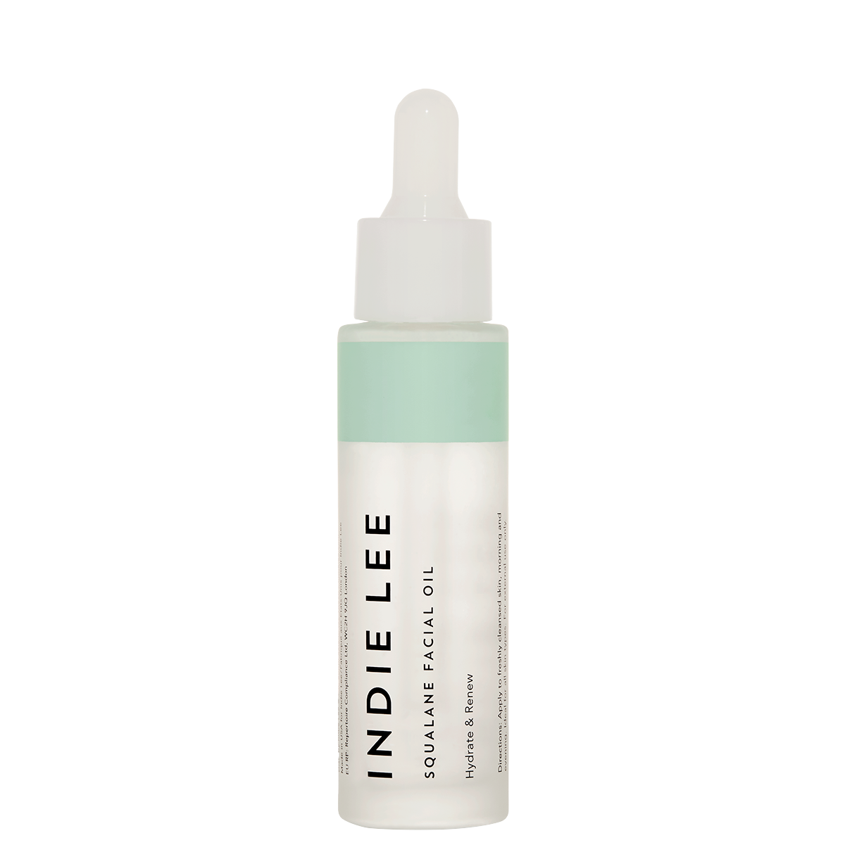 A bottle of Indie Lee Squalane Facial Oil with a white label and cap, contained in a clear glass bottle with a dropper.