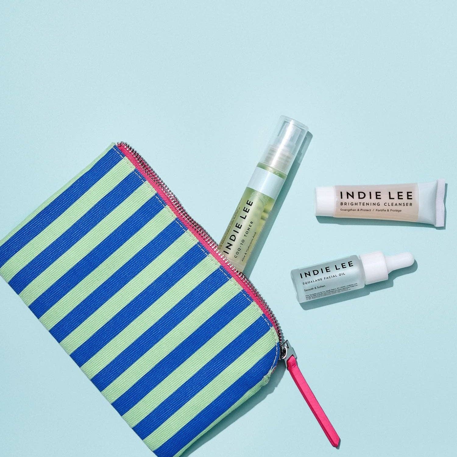 The Indie Lee Discovery Kit includes the brightening cleanser, the COQ10 toner, and the squalane facial oil