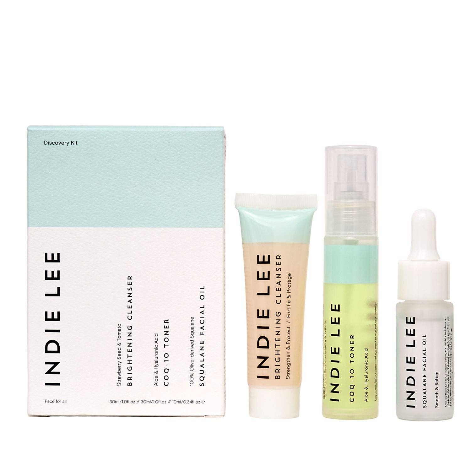 The Indie Lee Discovery Kit includes the brightening cleanser, the COQ10 toner, and the squalane facial oil