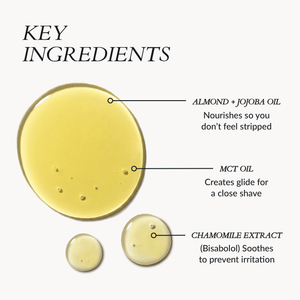 An infographic outlining featured ingredients in the Jazeena shave serum. 