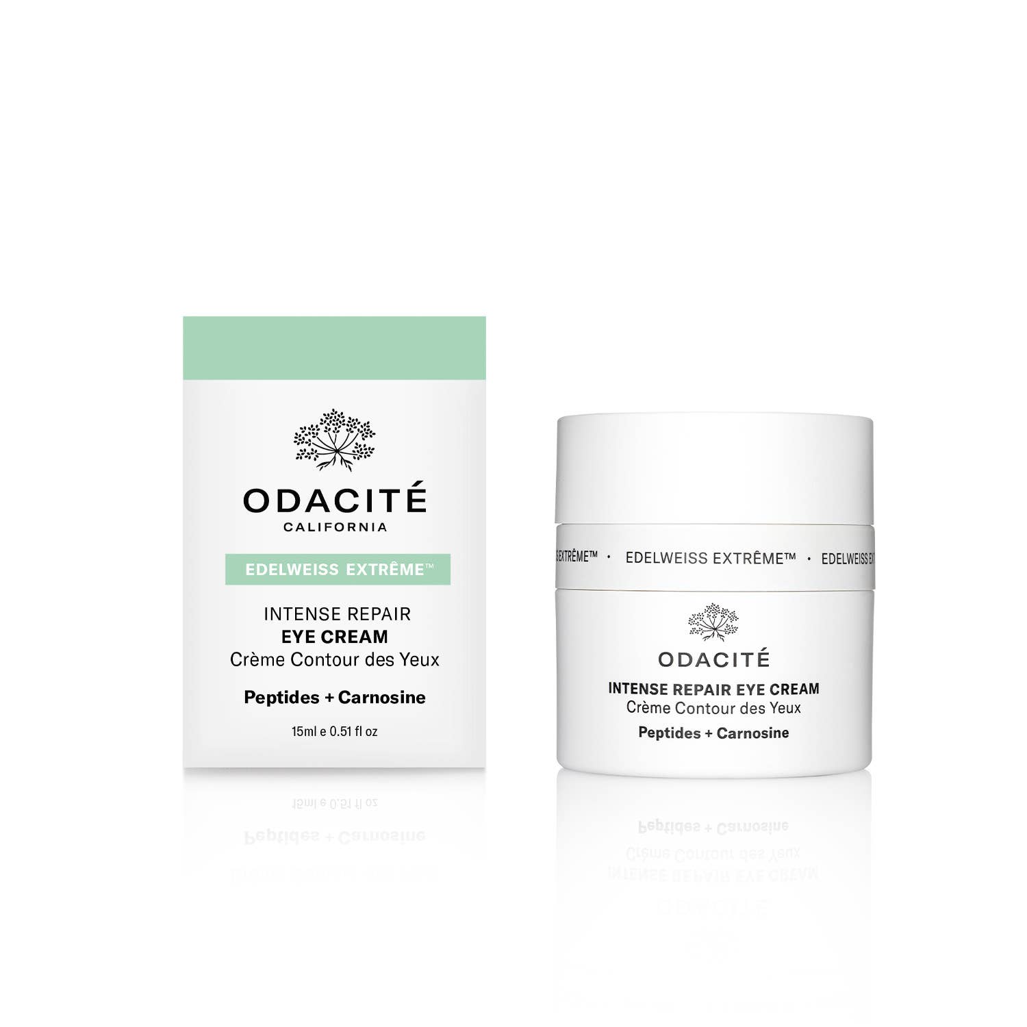 A jar of Edelweiss Extrême Intense Repair Eye Cream by Odacité with the lid open, showing the creamy texture of the product.