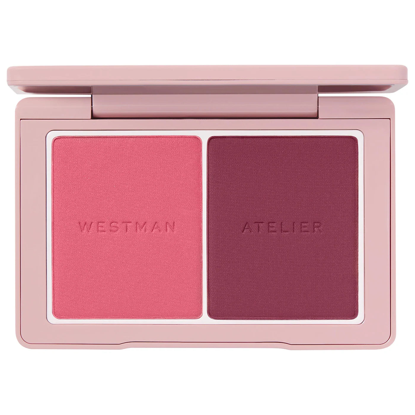 Makeup palette with two shades of blush in a pink case, featuring the brand 'Westman Atelier'.