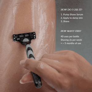 An infographic with a leg a hand and a razor and instructions on how to use the jazeena shave serum. 
