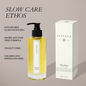 An infographic with a bottle of jazeena shave serum. Slow care ethos. Sustainable glass packaging, water and soap free formula, cruelty free, and paragon and phthalate free. 