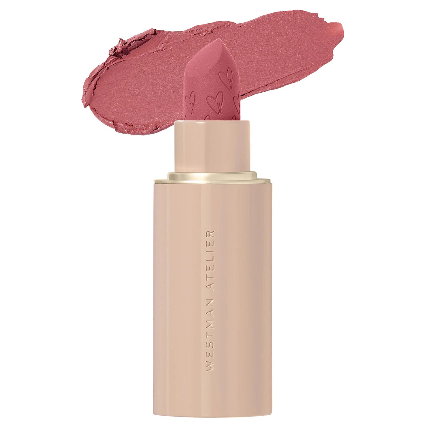 Makeup product with pink shade and visible brand name on a white background