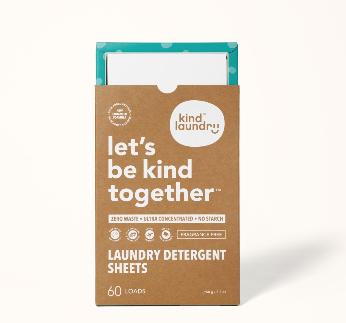Packaging of Kind Laundry detergent sheets, with the brand's logo and the product's features highlighted, such as being fragrance-free and containing 60 sheets.