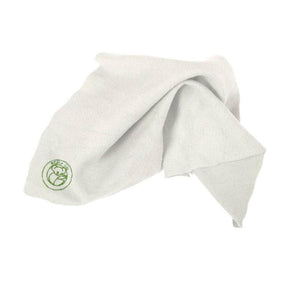The Koala Eco Organic cotton cleaning cloth is white with a green koala logo embroidered on it. 