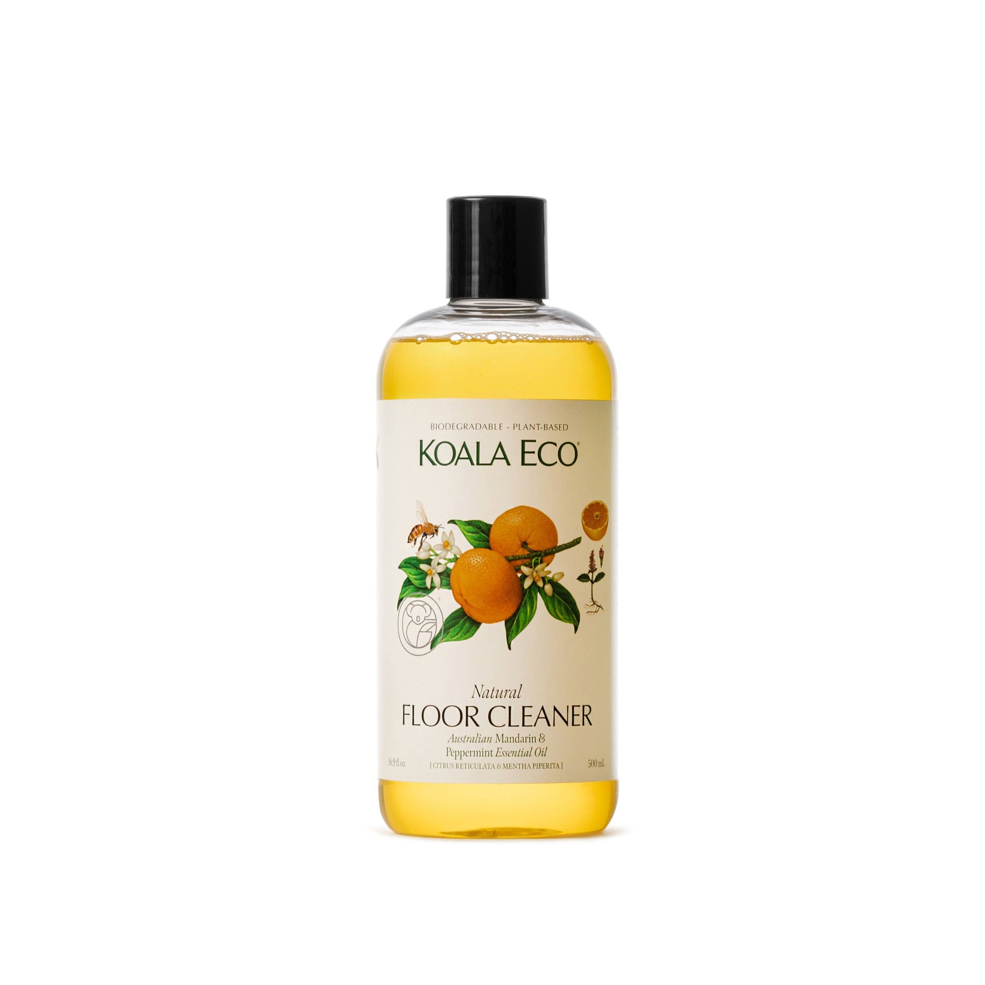 A bottle of Koala Eco floor cleaner with mandarin and peppermint scent, 16 oz size, predominantly yellow label with green and red accents and images of mandarin oranges.
