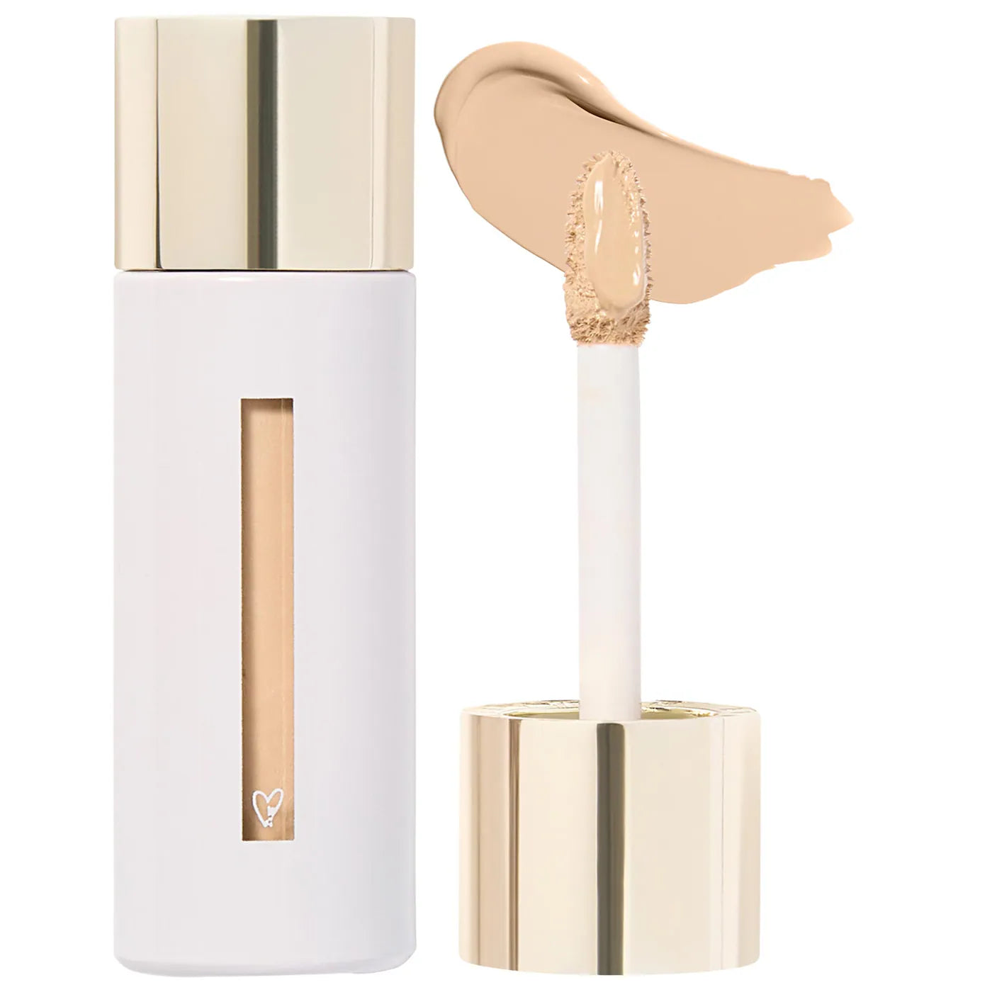 Cosmetic concealer with applicator and swatch on a white background
