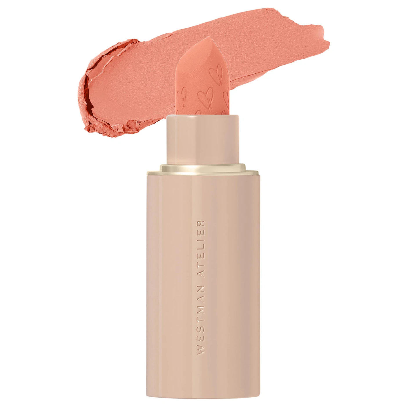 Makeup stick with coral-colored shade on a white background