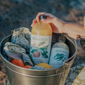 A bottle of Koala Eco natural, organic laundry detergent in a silver bucket with citrus fruits