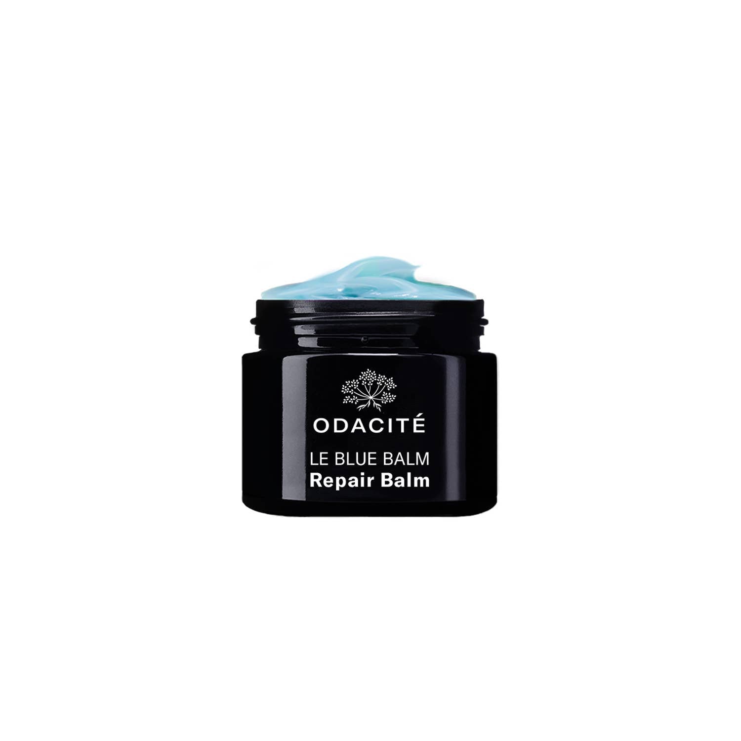 Black jar of Odacite Le Blue Balm Repair Balm on a white background