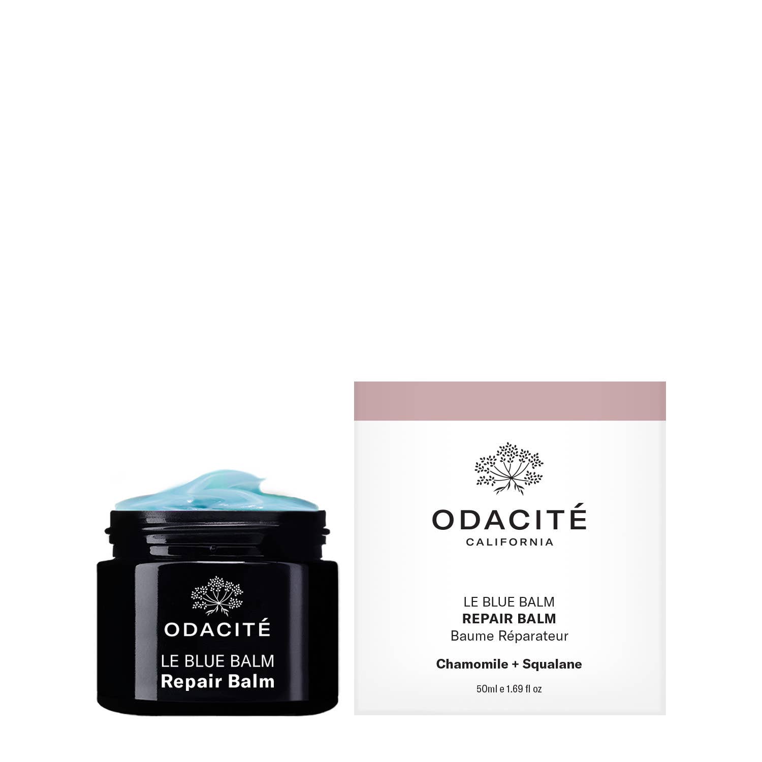 Black jar of Odacite Le Blue Balm Repair Balm on a white background