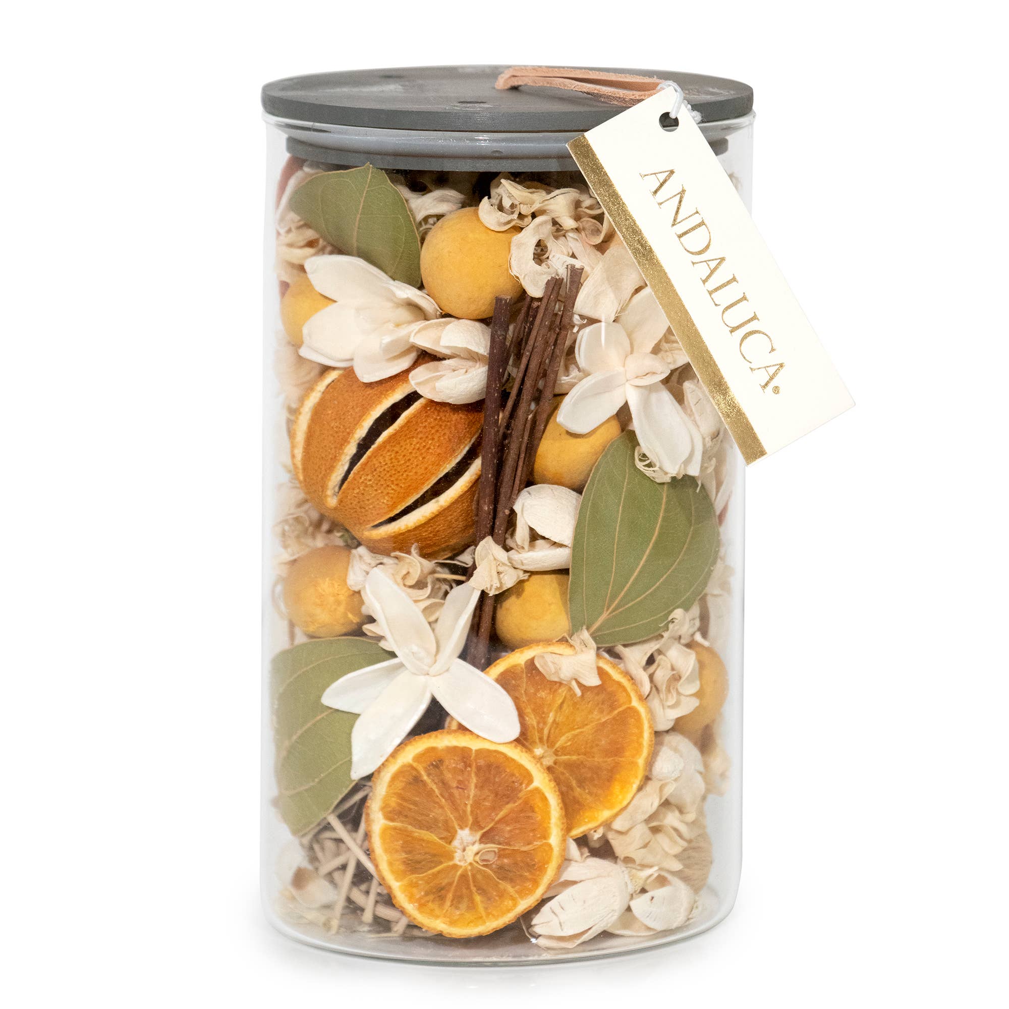 Andaluca Lemon Zest all-natural, organic home potpourri in a glass vessel
