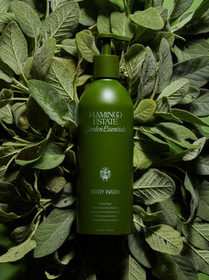 Flamingo Estate Garden Essentials Clary Sage body wash, on a bed of green leaves
