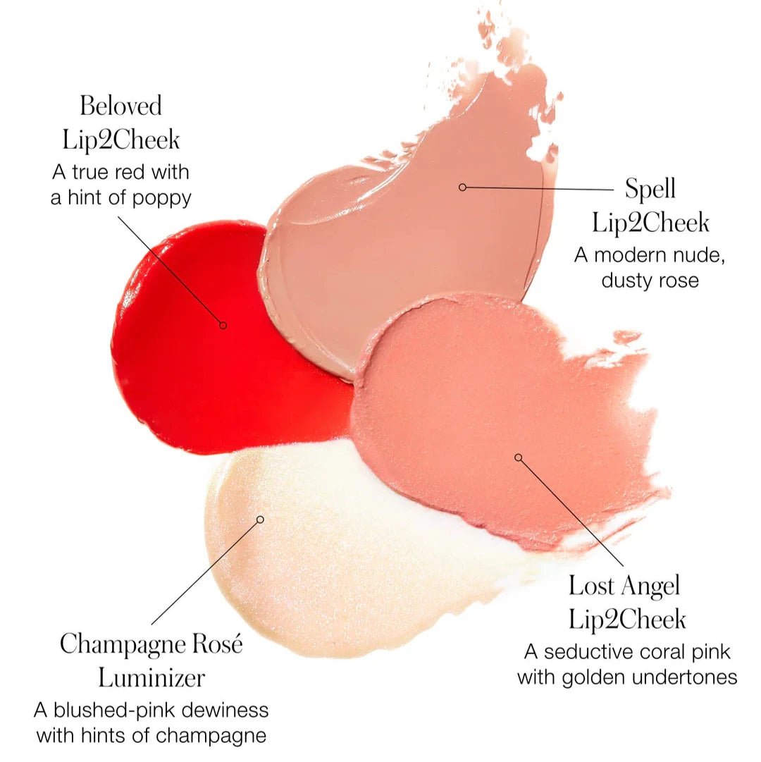 An infographic for the Lip2Cheek compact, going over the colors included. 