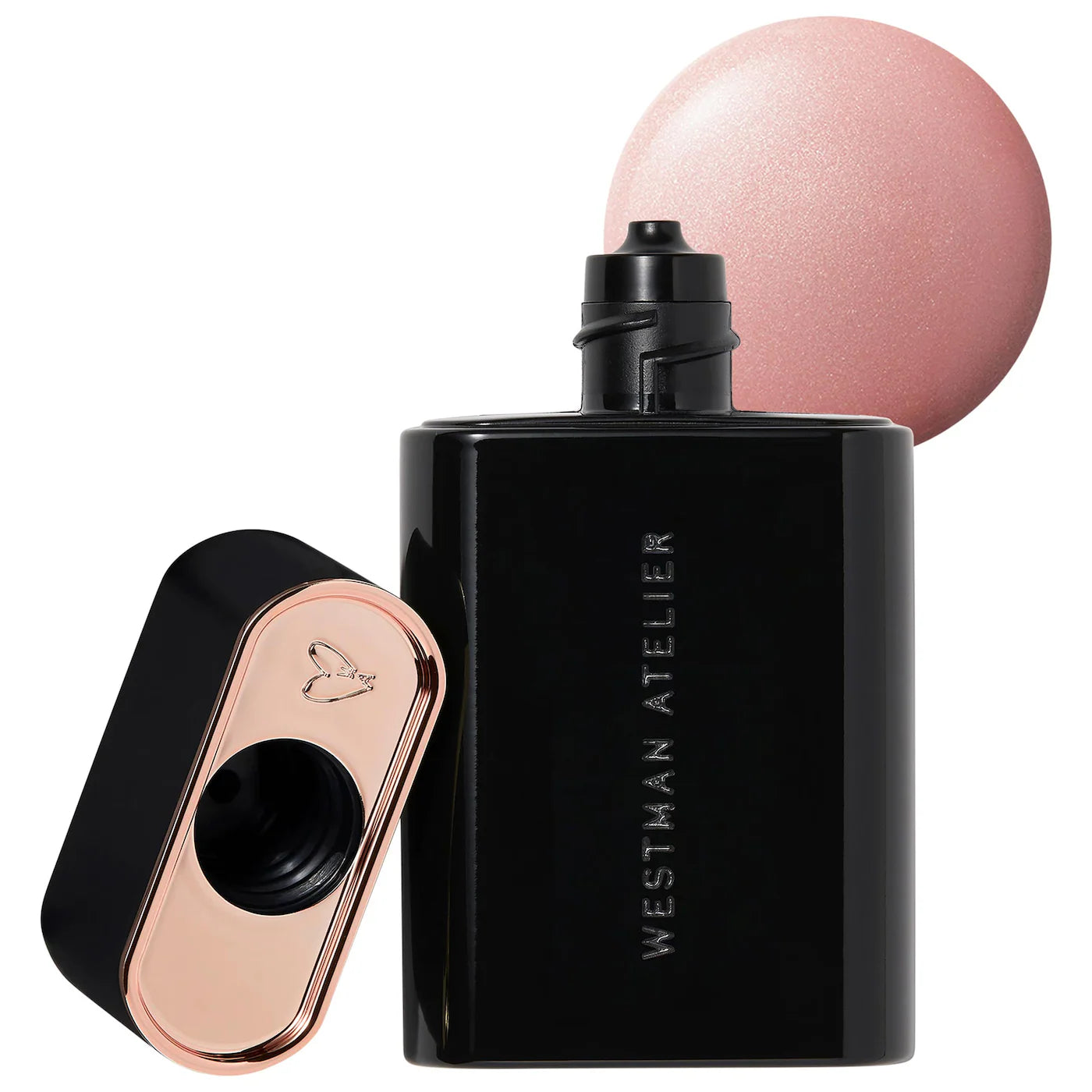 A black bottle of Westman Atelier Liquid Super Loaded Tinted Highlighter with its cap removed, showing a small amount of product on a white background.