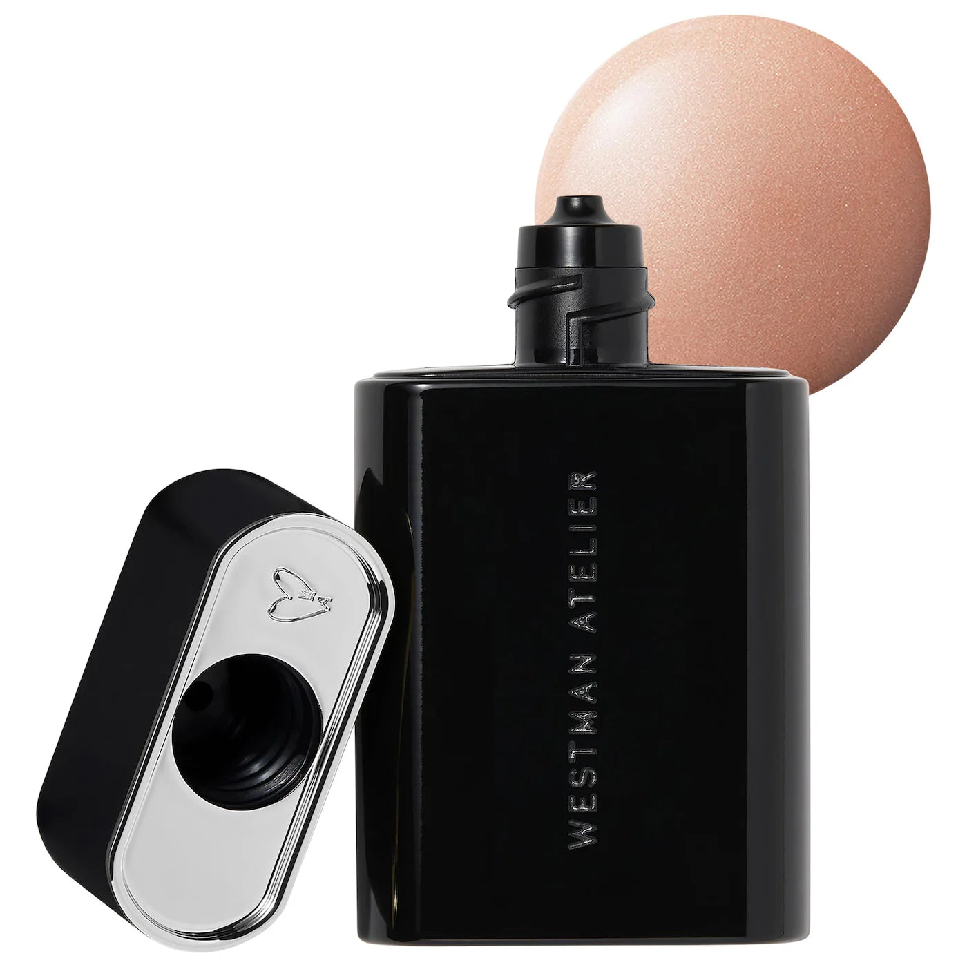 A black bottle of Westman Atelier Liquid Super Loaded Tinted Highlighter with its cap removed, showing a small amount of product on a white background.