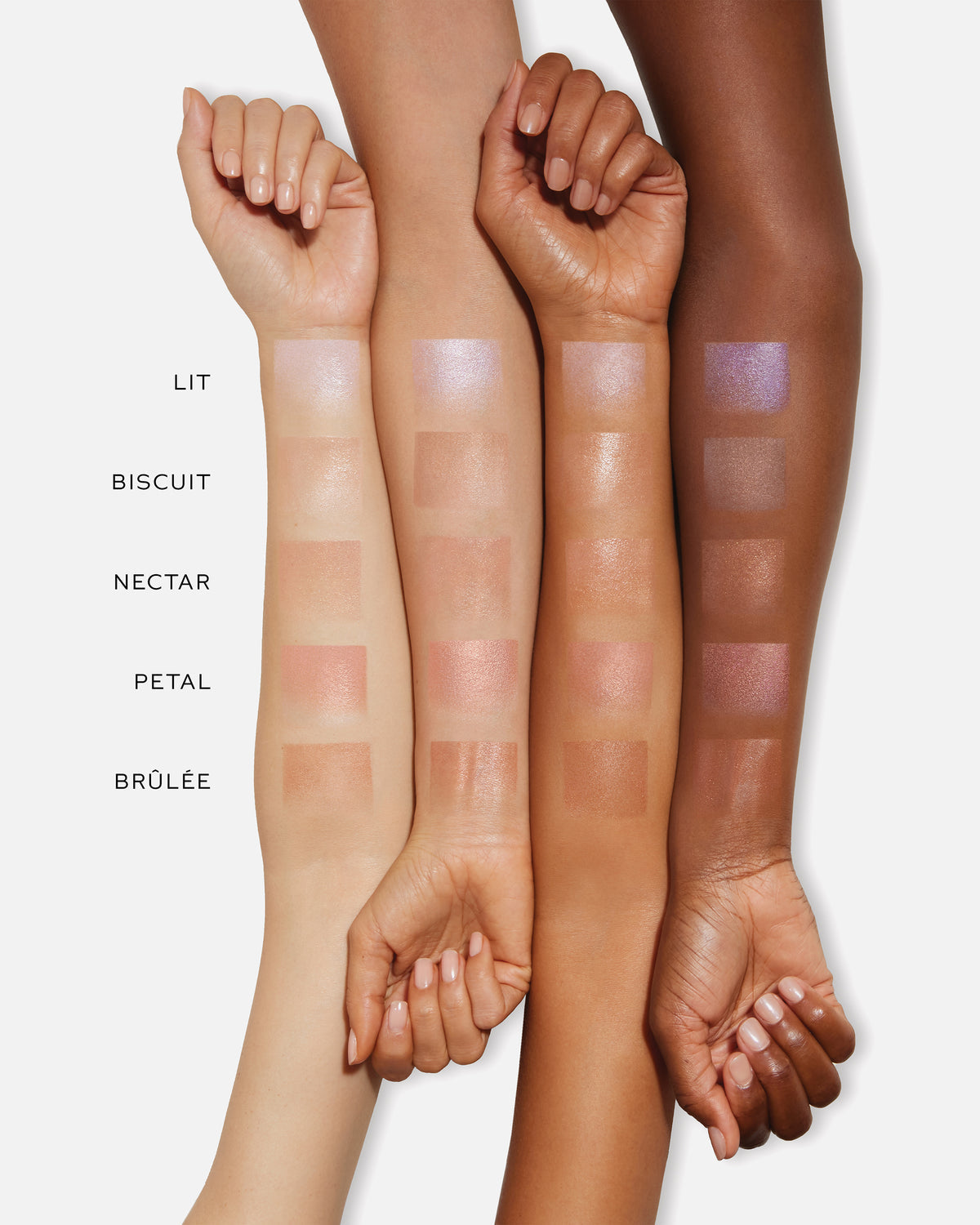 Color swatches on a person's arm with labeled shades against a white background