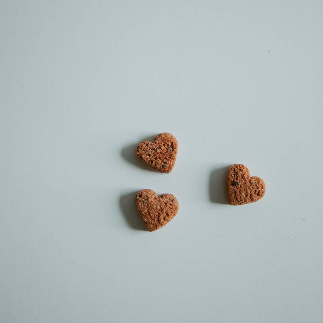 Three loose dog treats on a light blue surface