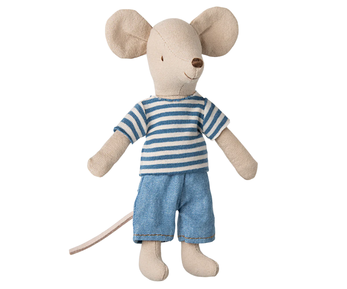 A plush toy mouse with a blue striped shirt and denim pants. The toy has large ears and a cute face, with a focus on its outfit.