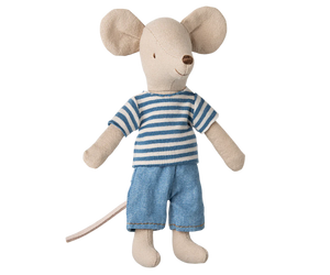 A plush toy mouse with a blue striped shirt and denim pants. The toy has large ears and a cute face, with a focus on its outfit.