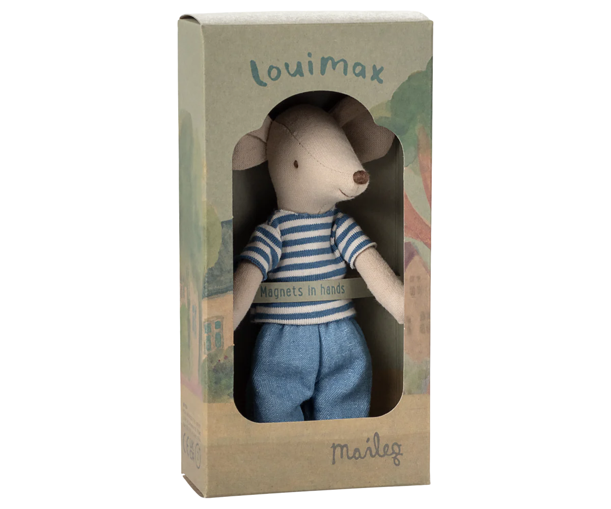 Stuffed toy mouse in a striped shirt and blue pants in a 'louimax' box on a white background