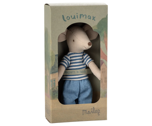 Stuffed toy mouse in a striped shirt and blue pants in a 'louimax' box on a white background
